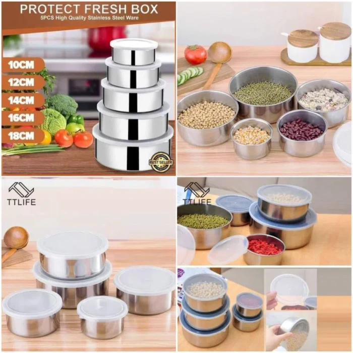 1722679234-1_stainless-steel-storage-bowls-5pcs-set-with-food-grade-plastic-coverprotect-fresh-box-5-pcs-bowls-set5-piece-bowl-set-airtight-leak-proof-freezer Stainless Steel Airtight Food Storage Box Set – 5 Piece with Lids for Freshness - Image 1