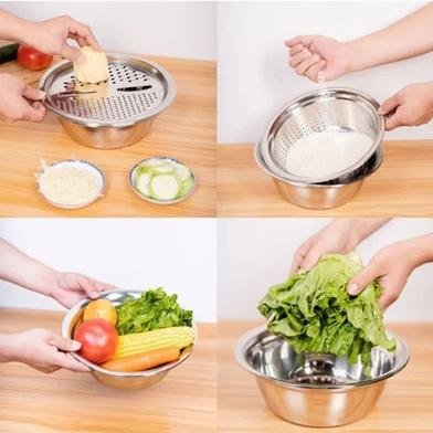 Multifunctional 3-in-1 Stainless Steel Basin – Vegetable Slicer & Strainer Included
