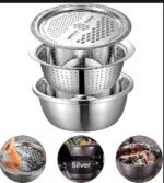3Pcs Stainless Steel Drain Basket Kitchen Grater Multifunctional Vegetable Cutter Slicer Washing Filter Bowl With Drain Basin - Image 3