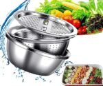 3Pcs Stainless Steel Drain Basket Kitchen Grater Multifunctional Vegetable Cutter Slicer Washing Filter Bowl With Drain Basin