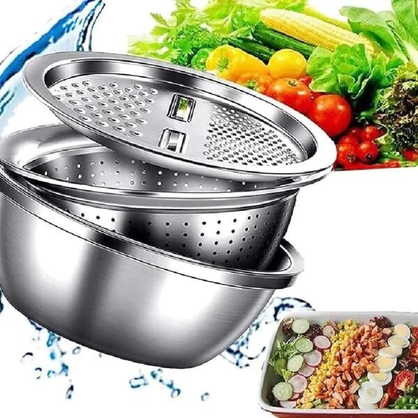 3Pcs Stainless Steel Drain Basket Kitchen Grater Multifunctional Vegetable Cutter Slicer Washing Filter Bowl With Drain Basin